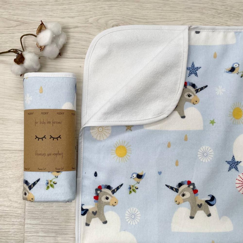Пеленка для новорожденного Единорог непромокаемая фланель 50х80 см Голубой (1734) - фото 3