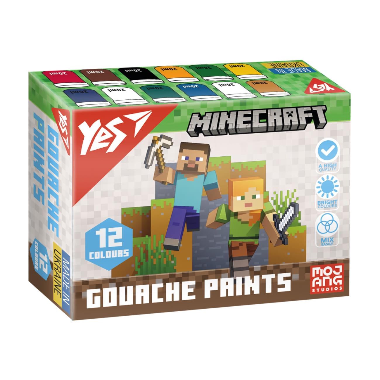 Набір гуашевих фарб YES Minecraft 12 кольорів по 20 мл (230407)