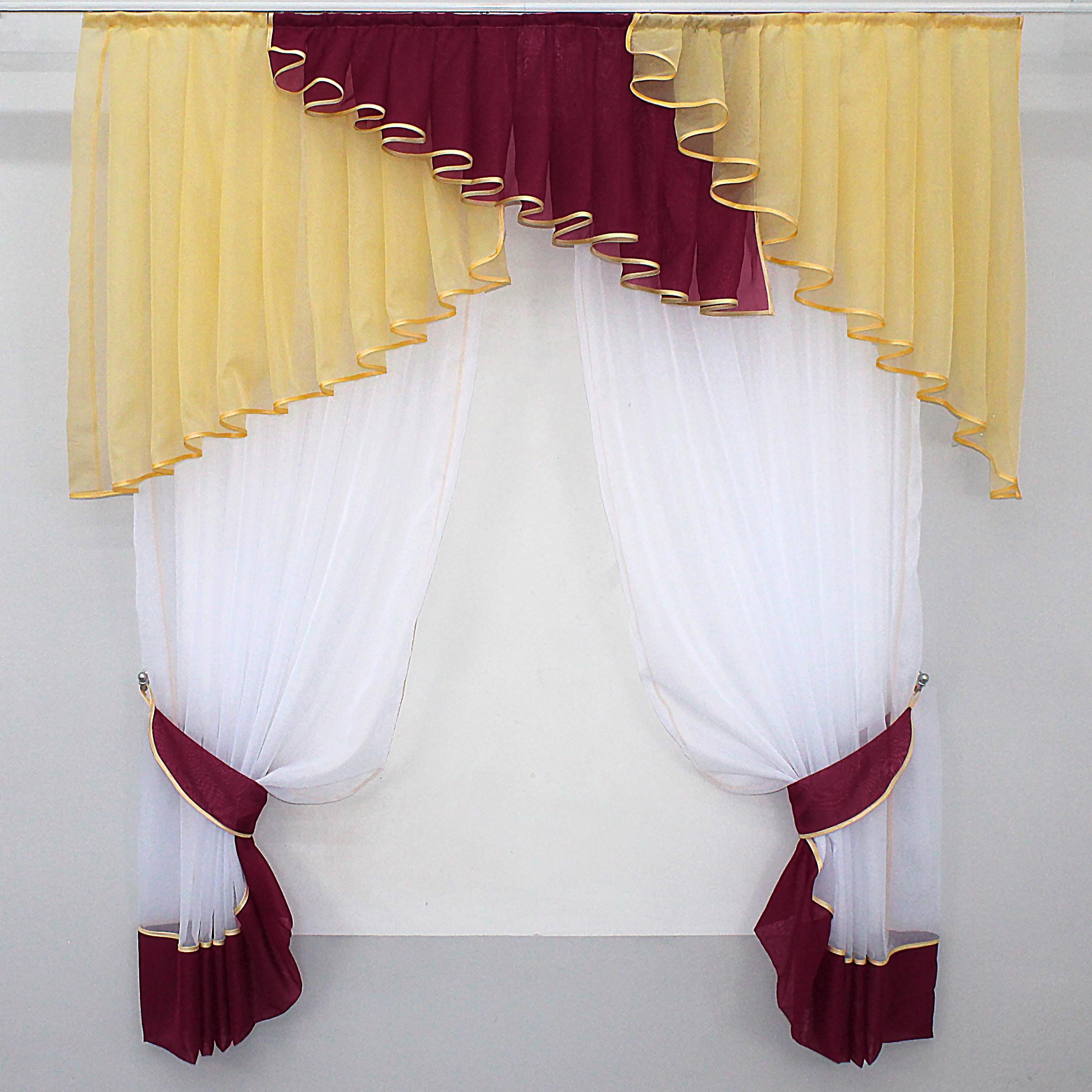 Занавеска кухонная VR-Textil № 049к с ламбрекеном 150х170 см Янтарный/Бордовый (50-080)