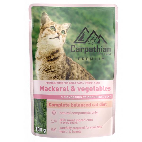 Корм для кошек влажный Carpathian Pet Food Макрель с овощами в соусе Mackerel with vegetables in sauce пауч 100 г 24 шт. (000019857)