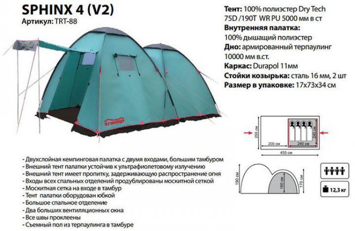 Палатка Tramp Sphinx 4 v2 4-местная 455х255 см (TRT-088) - фото 6