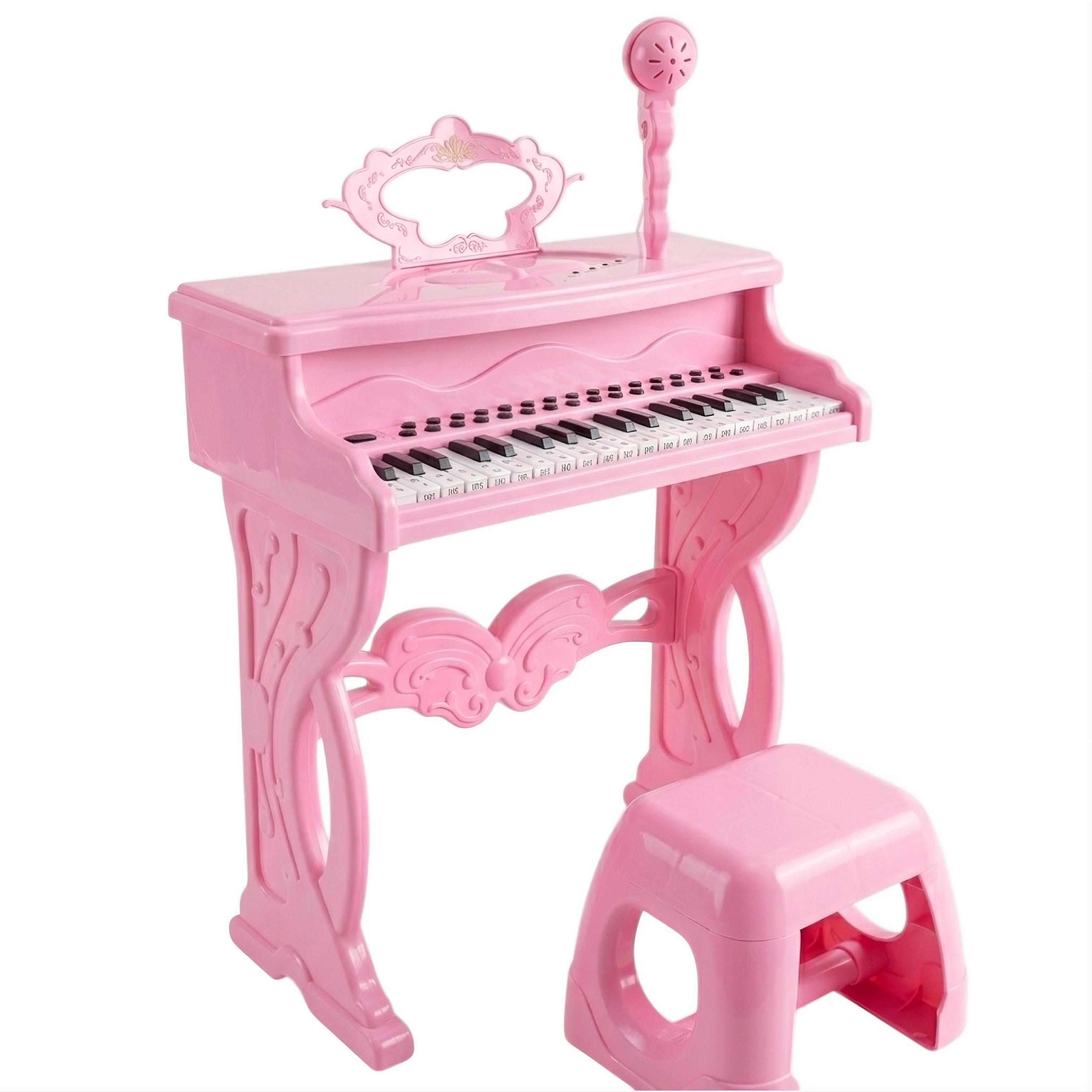 Детское пианино 1026-31-1 с подсветкой и микрофоном 37 клавиш/стульчик/запись/USB/AUX/звуки животных Розовый