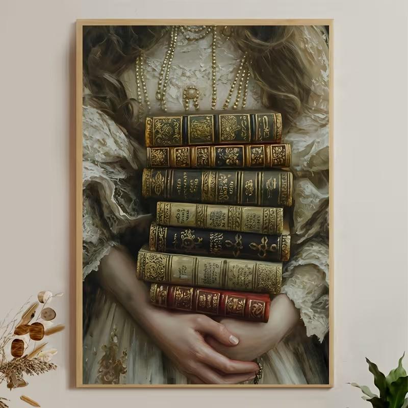 Постер Девушка с винтажными книгами на холсте 30×40 см (PT-VB-001085)