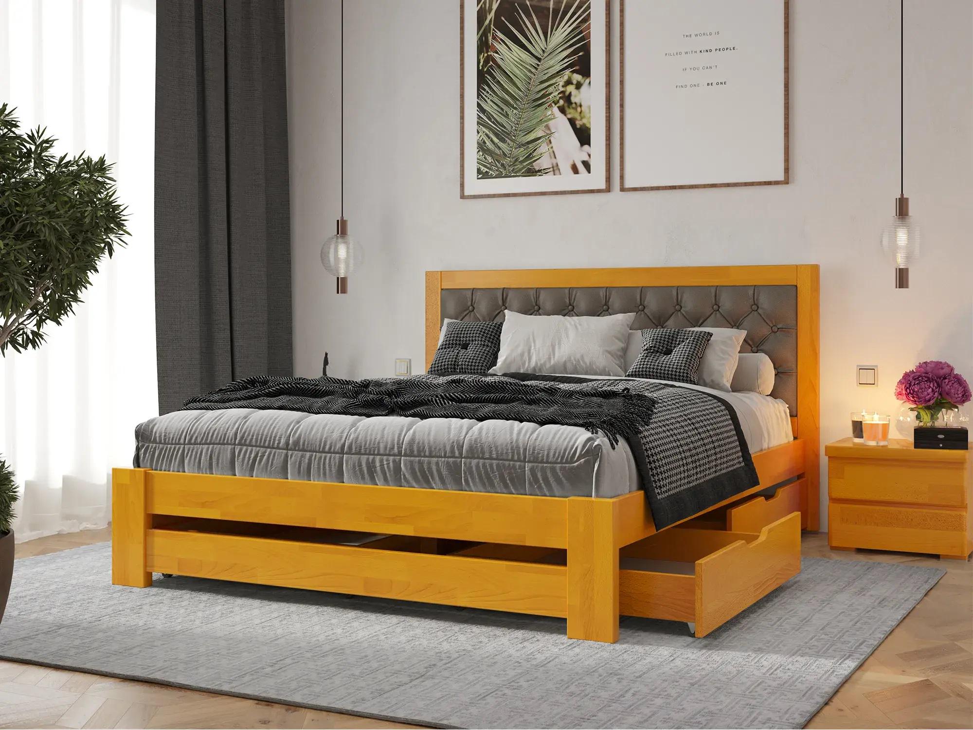 Кровать двуспальная Arbor Drev Симфония Люкс с 2 ящиками из натурального дерева бук/текстиль 160х200 см Ольха/Темно-серый (51324)