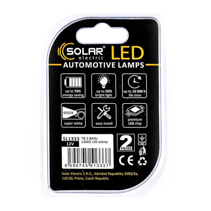 Автолампи світлодіодні Solar 12 В T8.5 BA9s 1SMD 2 шт. White (SL1333) - фото 2