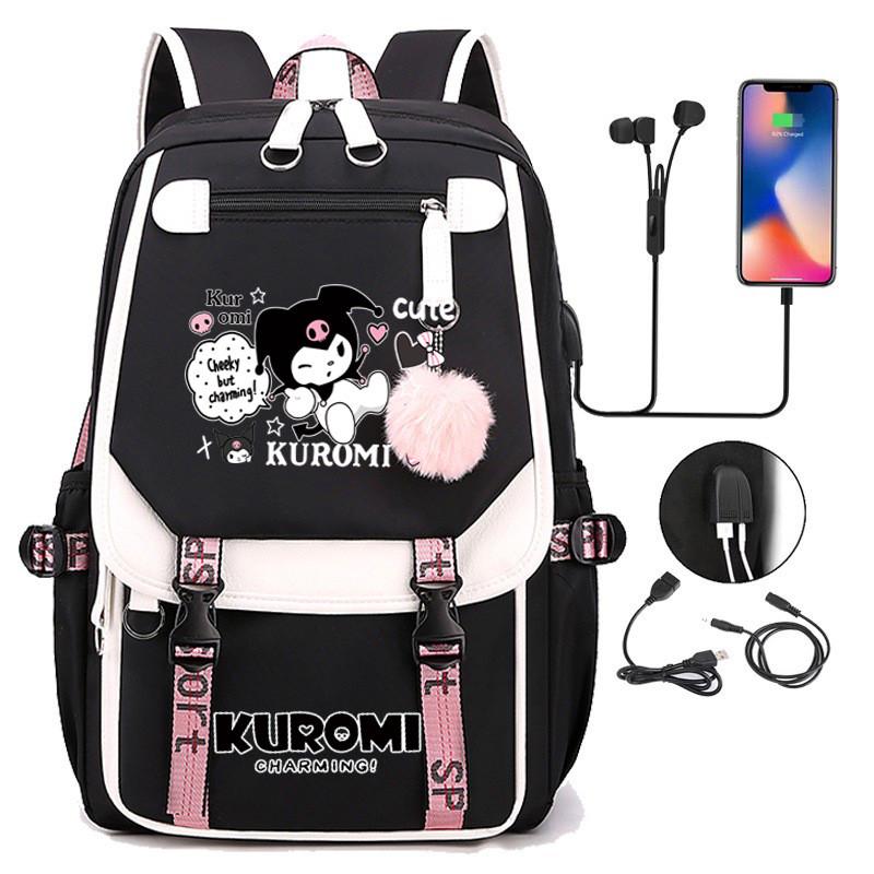 Школьный рюкзак для девочки в японском стиле Kuromi с USB-портом и меховым помпоном Black (2492734540) - фото 10