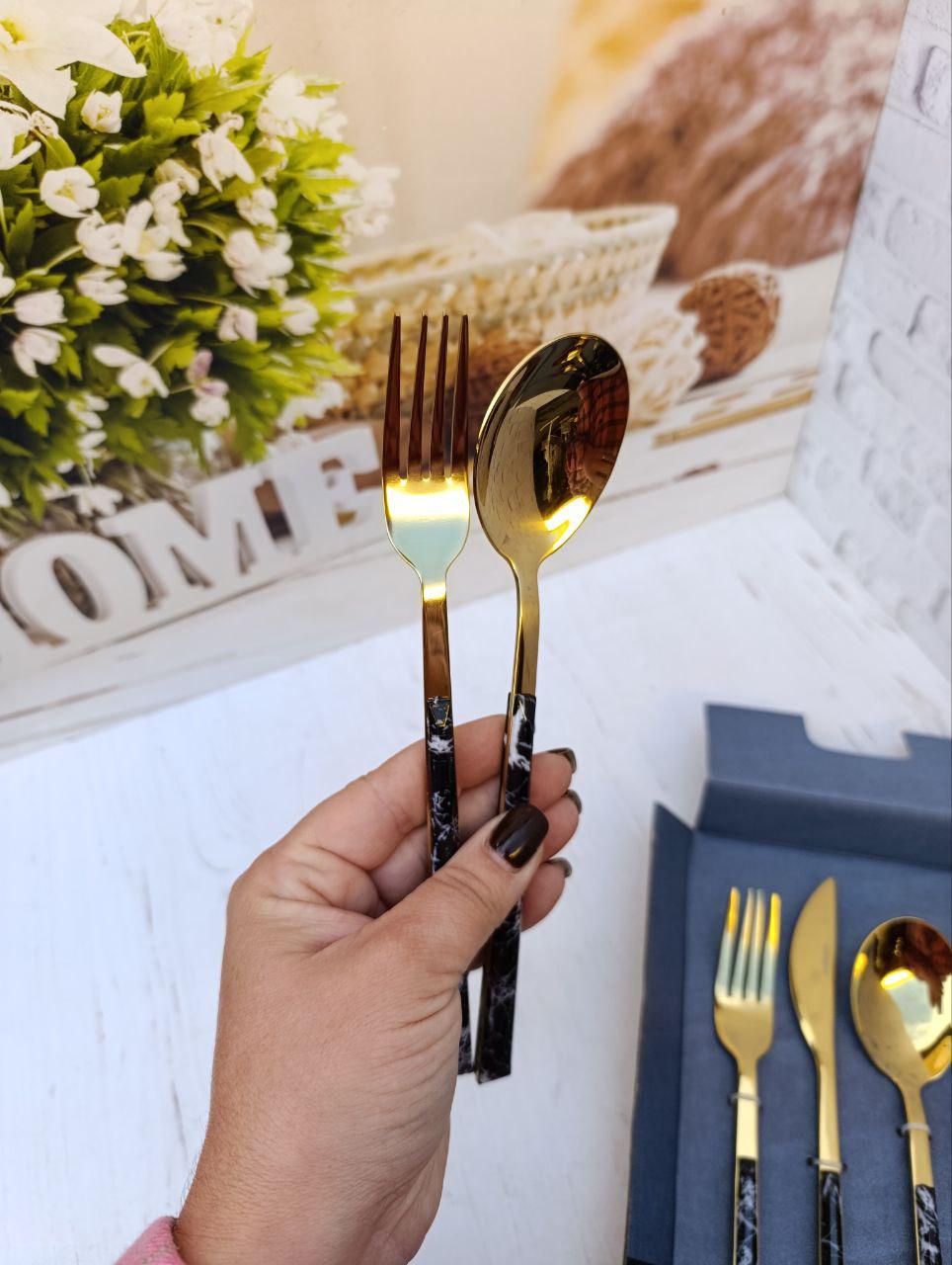 Набор столовых приборов Ardesto Gemini Marmo из нержавеющей стали 16 предметов Золотисто-Черный (AR1916MBS) - фото 3