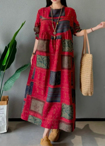 Сукня лляна максі з рукавами р. 52 Темно-червоний (00214)