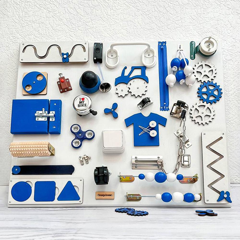 Бизиборд для детей 30 элементов натуральное дерево 60х50 см Серый с синим