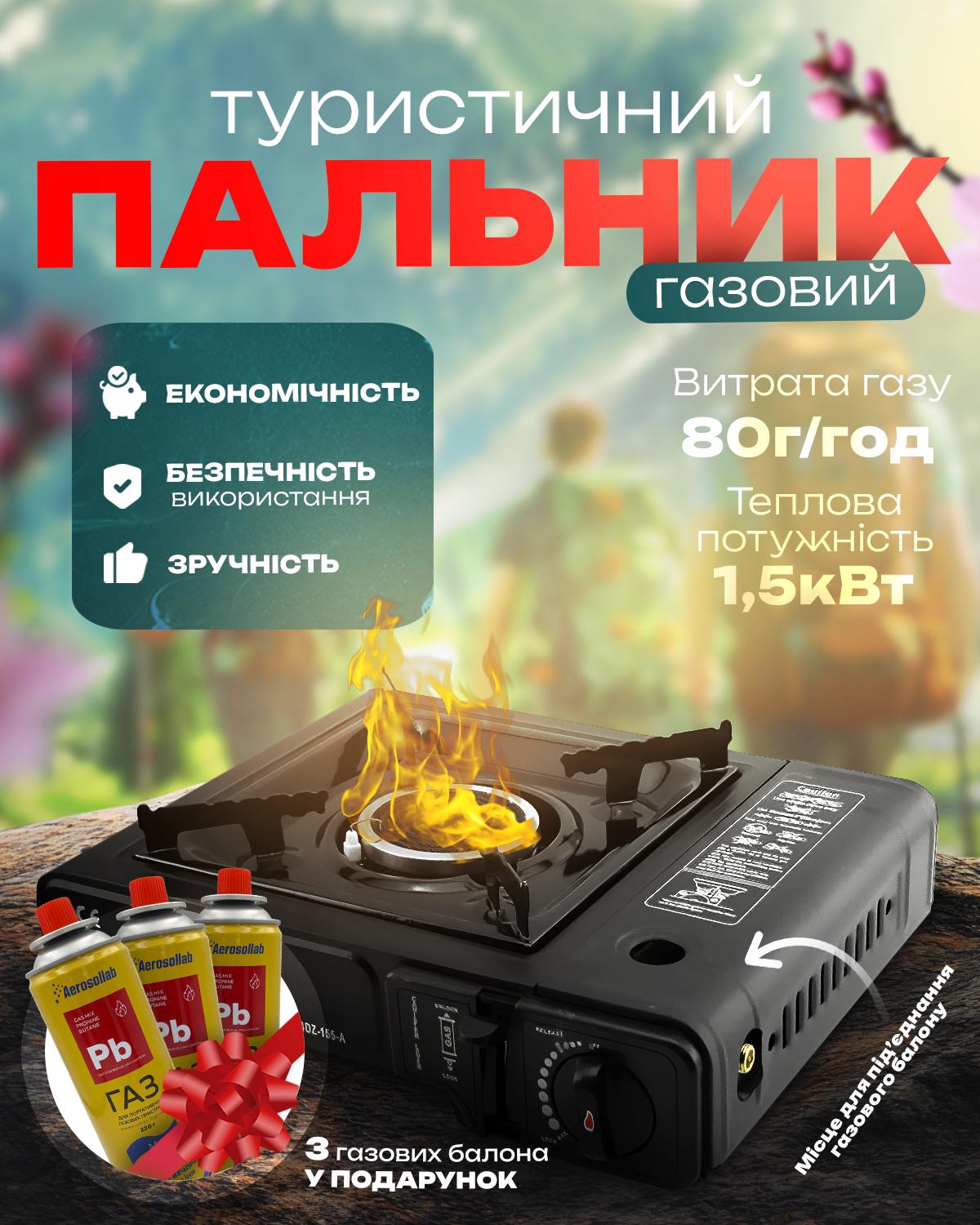 Плита газова переносна туристична Happy Home з 3 газовими балонами Aerosollab 220 г Black (451177724) - фото 2