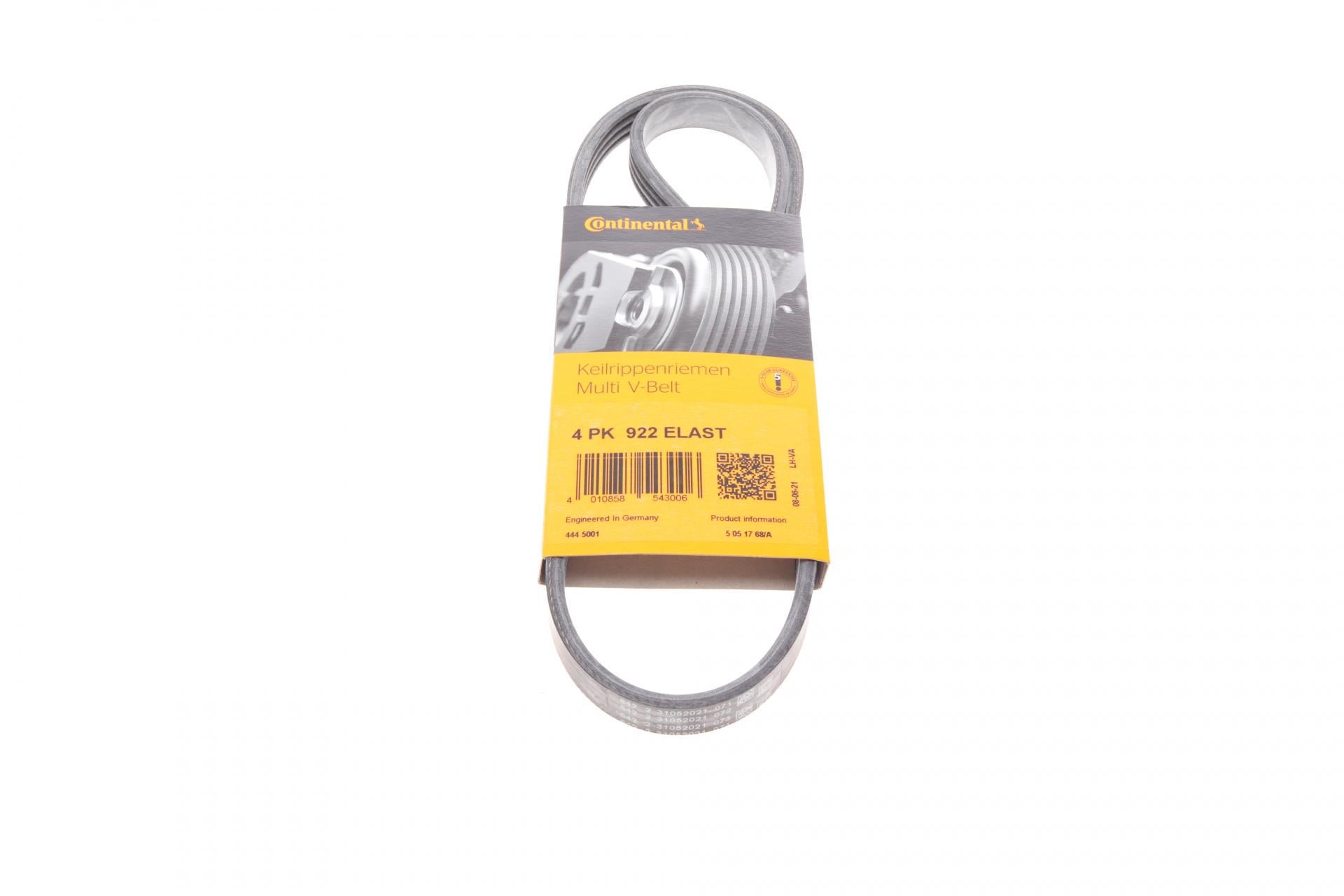 Ремінь генератора Continental Fiat Ducato/Peugeot Boxer 2.2JTD/HDi 06- 4PK922 (ELAST)