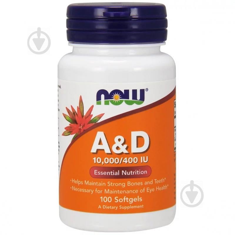 Витамин А и Д, A&D, Essential Nutrition, Now Foods, 10,000/400 МЕ, 100 желатиновых капсул
