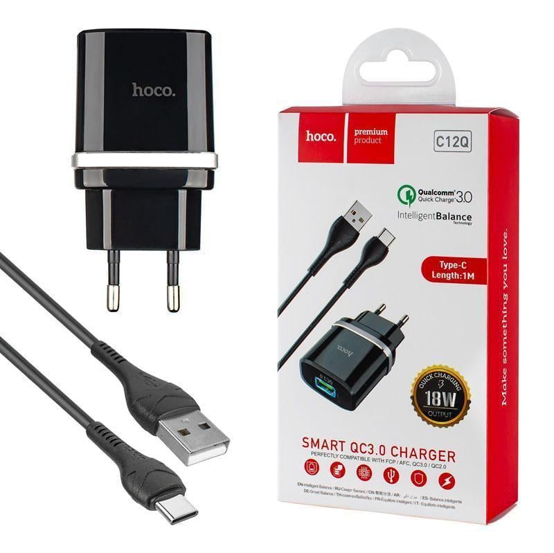 Зарядное устройство Hoco C12Q 1USB QC3.0 type-c Черный (231651)