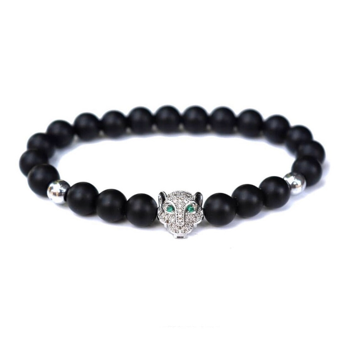 Браслет із шунгіту з срібною пантерою р. 14 (13009)