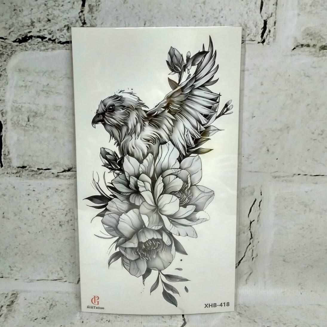 Тату временное Птица в цветах лист 11,5x21 см (XHB-418)