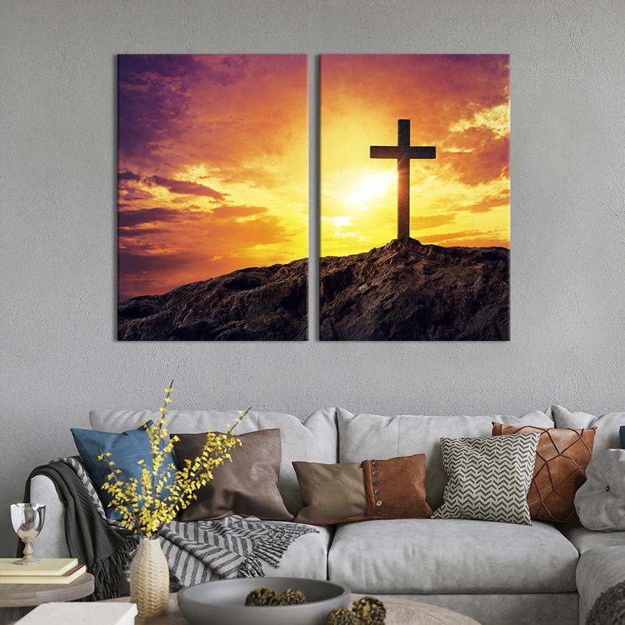 Настінний декор диптих картина на холсті для інтер’єру Хрест у променях вечірнього сонця 111x81 см (472-2)
