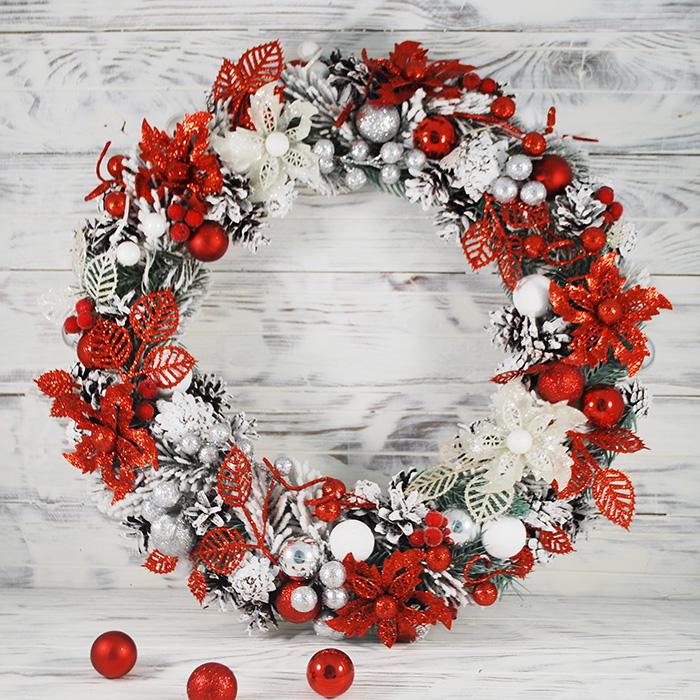 Венок новогодний 38 см Красный/Белый/Серебро (4782004) - фото 1 Венок новогодний 38 см Красный/Белый/Серебро (4782004) - фото 1