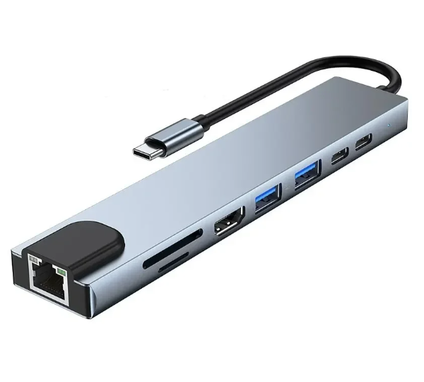 Хаб мультифункциональный с входом Type-C кардридер HDMI и HDTV/PD/USB-C/SD/TF/RJ45 8в1 Хаб мультифункциональный с входом Type-C кардридер HDMI и HDTV/PD/USB-C/SD/TF/RJ45 8в1