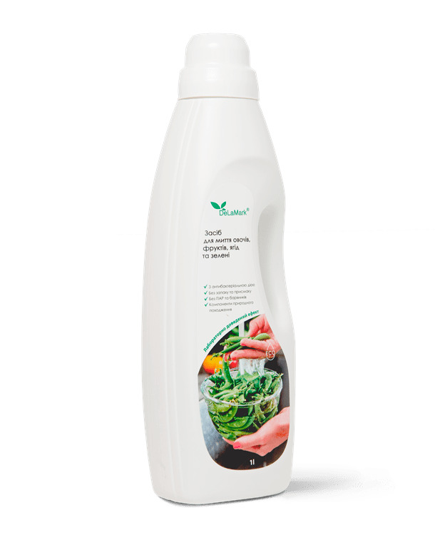 Засіб з антибактеріальною дією DeLaMark для миття овочів, фруктів/ягід/листя салату та зелені 1 л (4820152332349)