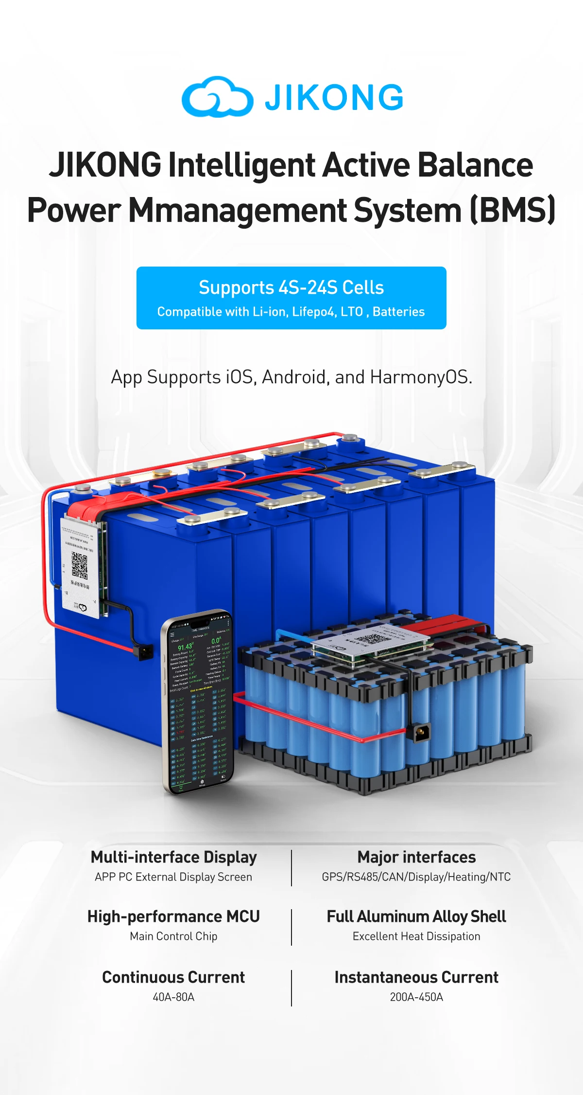 Контролер заряду BMS 40A 4S-8S Lifepo4/Li-ion/LTO з активним балансуванням 0,4A JK-BD4A8S4P з кнопкою атіваціі JiKong - фото 6
