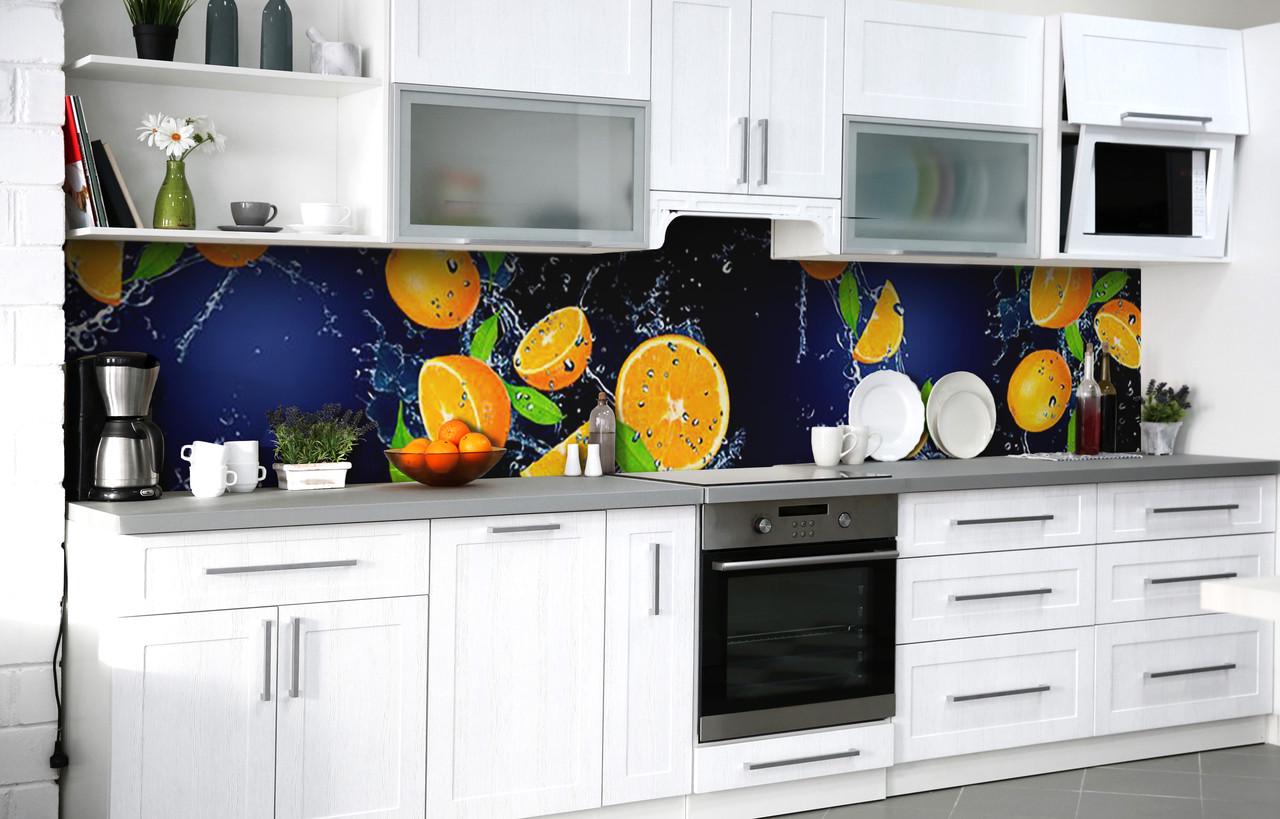 Кухонный фартук Апельсины в воде виниловый самоклеющийся 600х3000 мм Синий