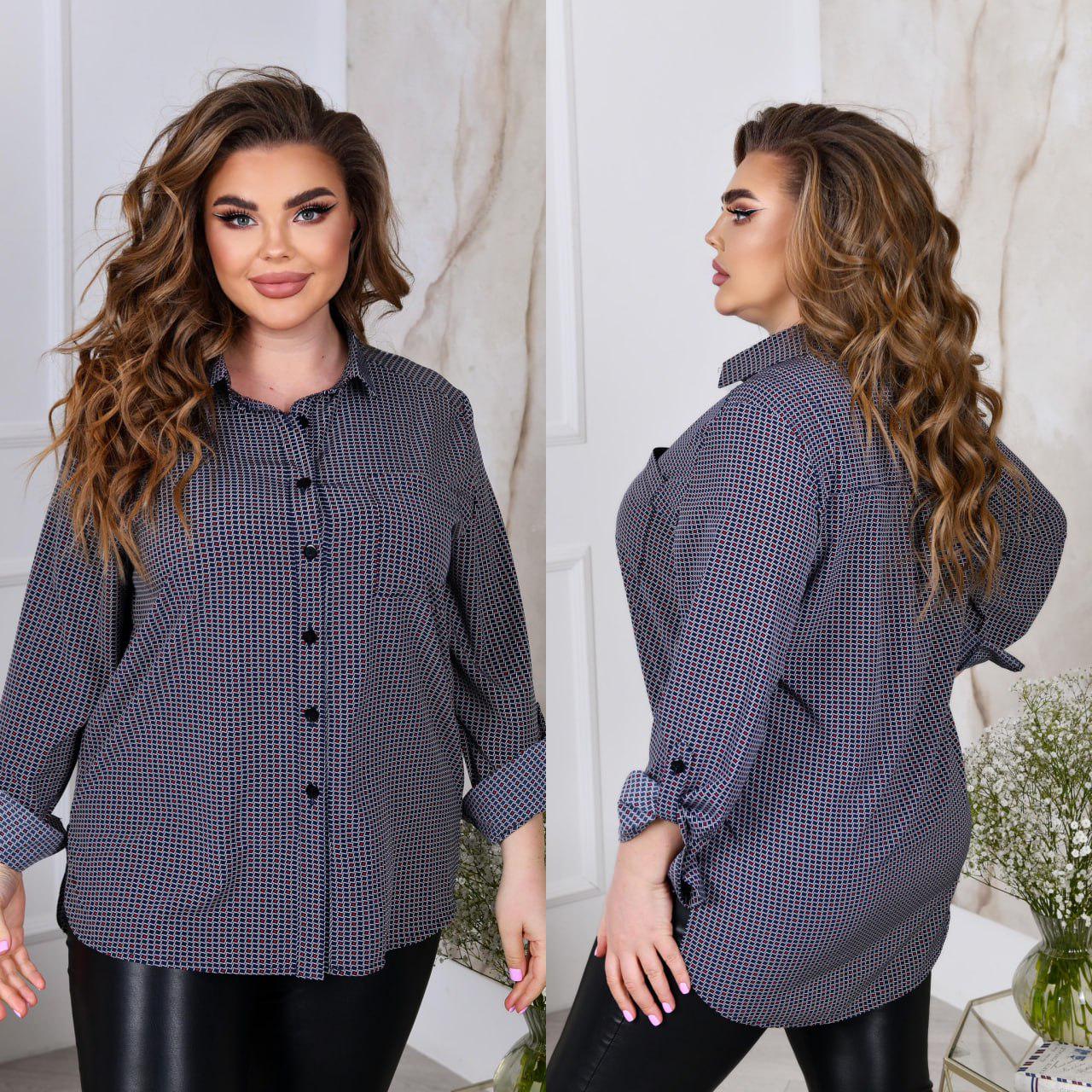 Блузка прямой силуэт с длинным рукавом на манжете р. 56-58 Темно-синий (3629) - фото 2 Блузка прямой силуэт с длинным рукавом на манжете р. 56-58 Темно-синий (3629) - фото 2