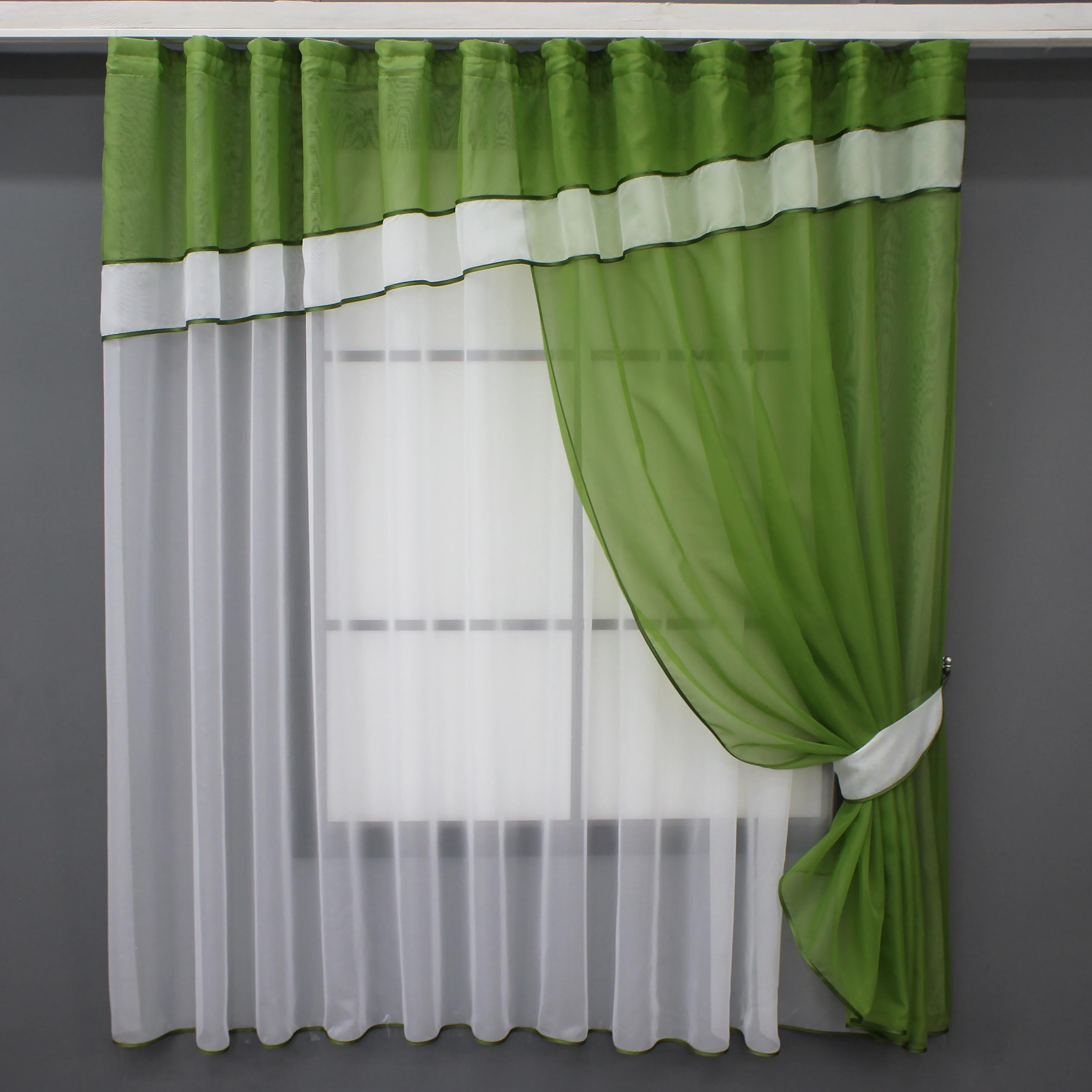 Занавеска кухонная VR-Textil № 018к штора и тюль с ламбрекеном 270х170 см Оливковый/Белый (52-1012)