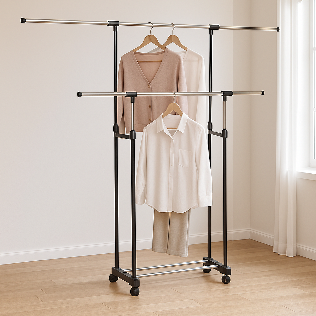 Стойка для одежды 8006 металлическая напольная двойная телескопическая с колесами (37-110732) - фото 4
