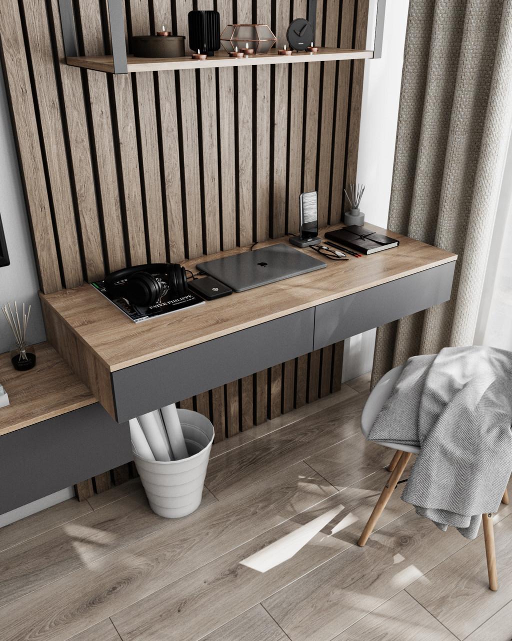 Навесной компьютерный стол на 2 ящика Дуб Сонома/Антрацитовый (T-222)