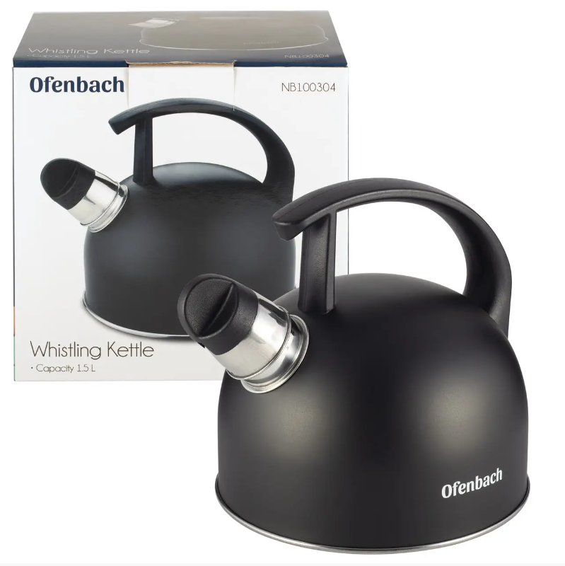 Чайник Ofenbach KM-1003041,5 л з нержавіючої сталі зі свистком та нейлоновою ручкою для індукції та газу Чорний  (NA002471)