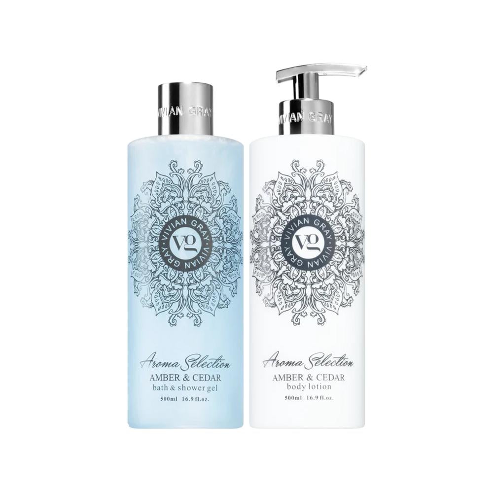 Подарочный набор косметики для тела Vivian Gray Янтарь и Кедр увлажнение и уход гель/лосьон 2 ед./500 мл (29575463)