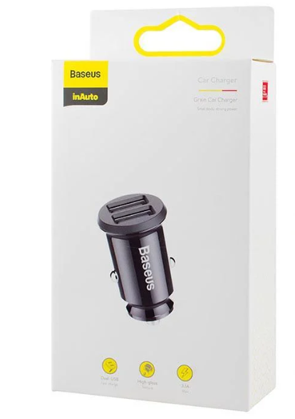 Зарядний пристрій автомобільний BASEUS Grain Car Charger 3,1A Dual USB Black (231663)