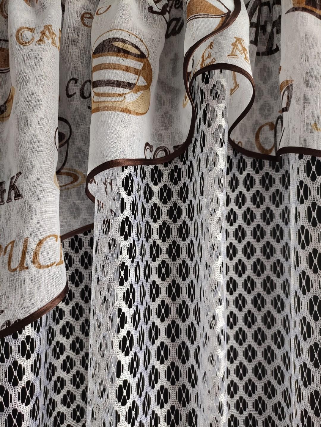 Гардина на кухню Сітка соти батист окантована бейкою 290х165 см Білий з коричневим (пк-22) - фото 3