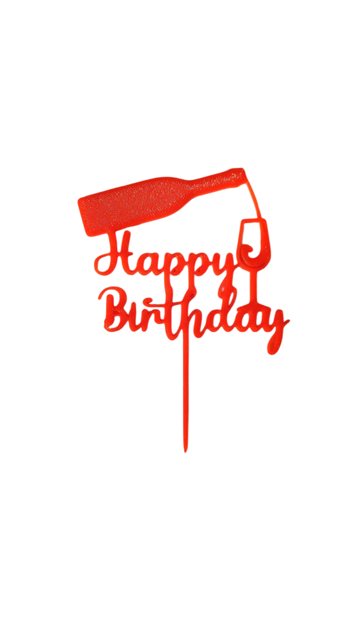 Топпер для торта Happy Birthday с вином пластик Красный (697)