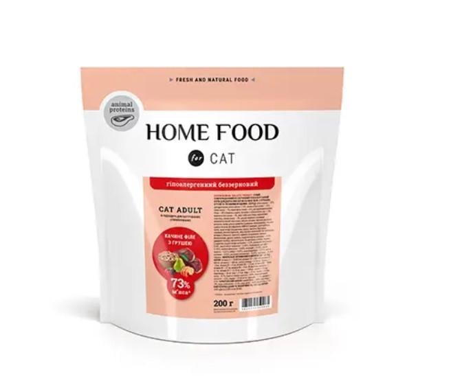 Корм сухой беззерновой для взрослых котов склонных к аллергии Home Food с утиным филе с грушей 400 г (4820235025620) Корм сухой беззерновой для взрослых котов склонных к аллергии Home Food с утиным филе с грушей 400 г (4820235025620)
