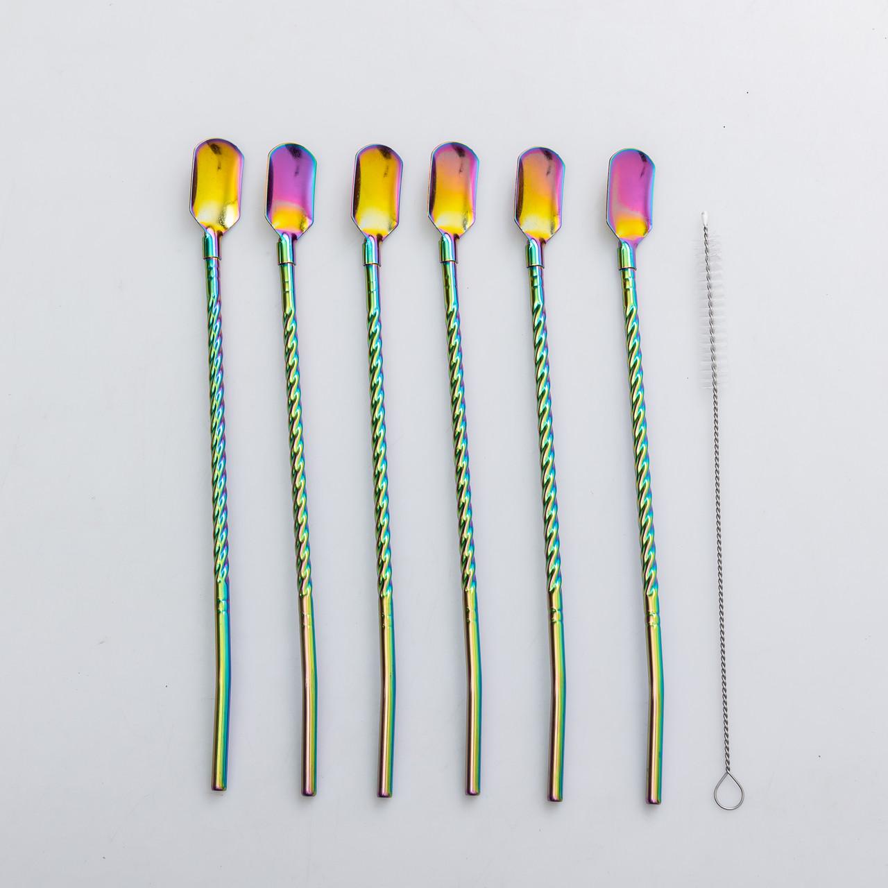 Набор многоразовых ложек-трубочек 6 шт. для напитков 22 см со щеткой для мойки из нержавеющей стали Хамелеон Набор многоразовых ложек-трубочек 6 шт. для напитков 22 см со щеткой для мойки из нержавеющей стали Хамелеон