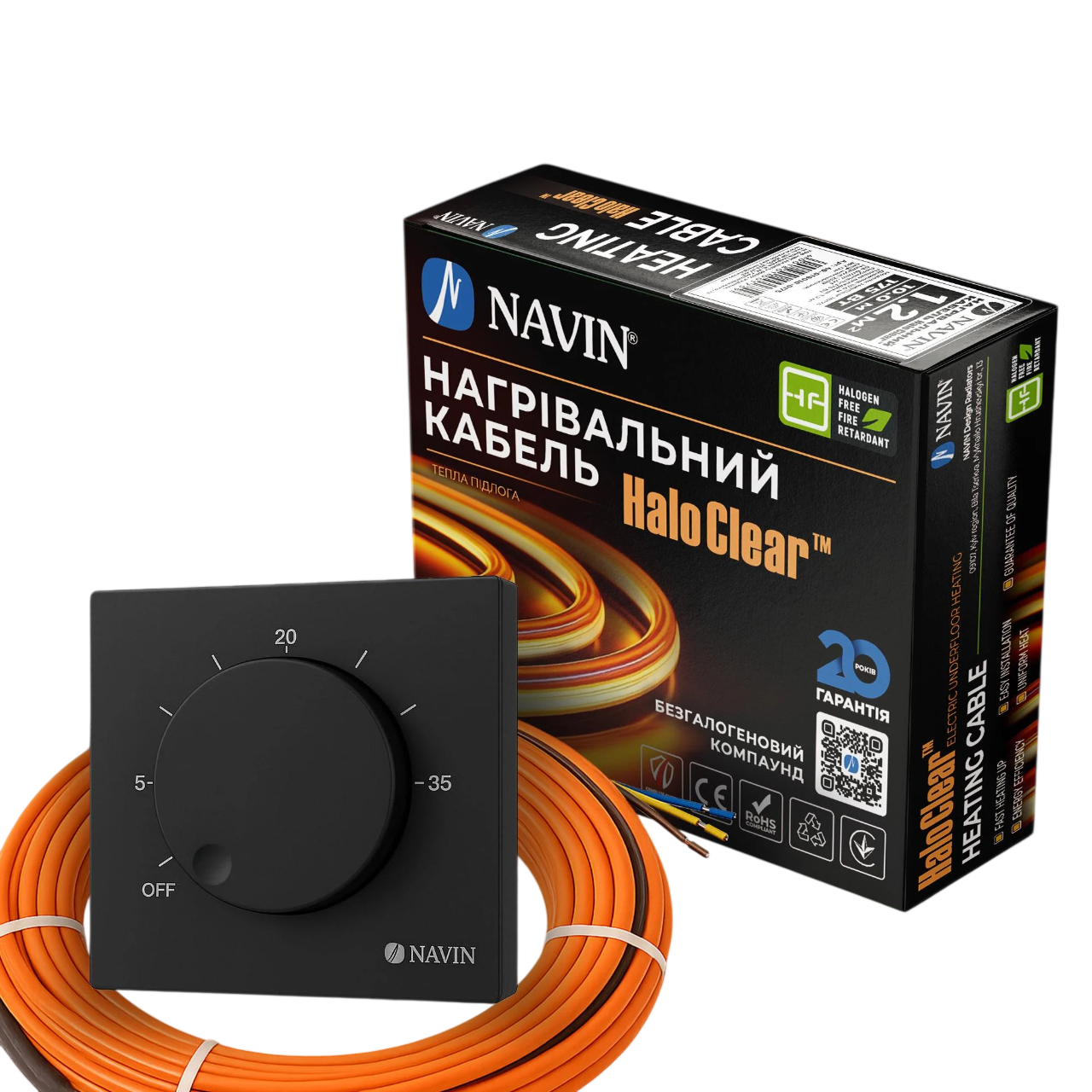 Комплект теплого пола NAVIN HaloClear Basic 420 Вт/2,4-2,8м2 24,4 м нагревательный кабель и терморегулятор NAVIN EH84WM-16A Черный матовый