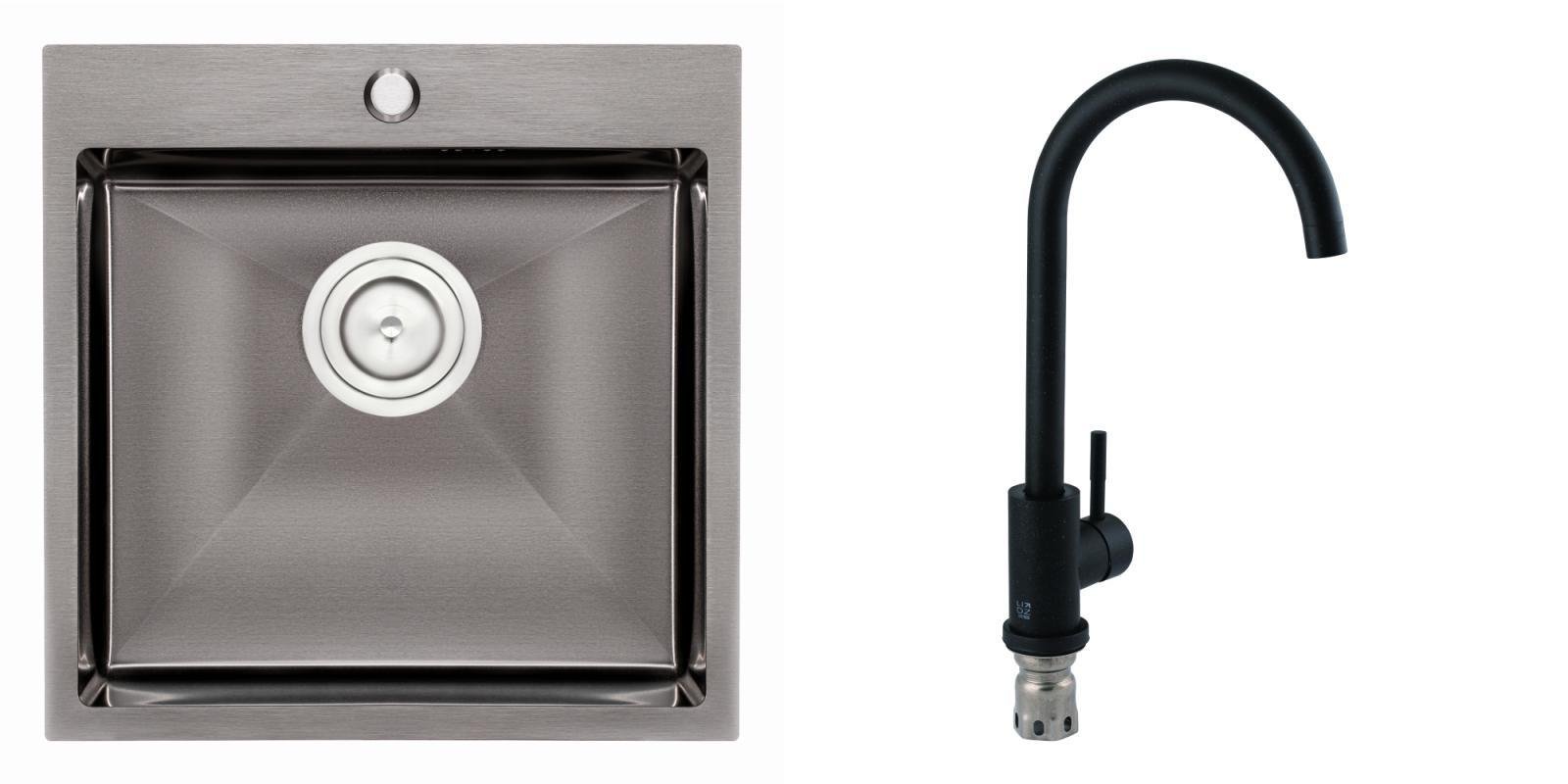 Мойка для кухни на одну чашу из нержавейки PVD MQU5050BL cо смесителем Черный