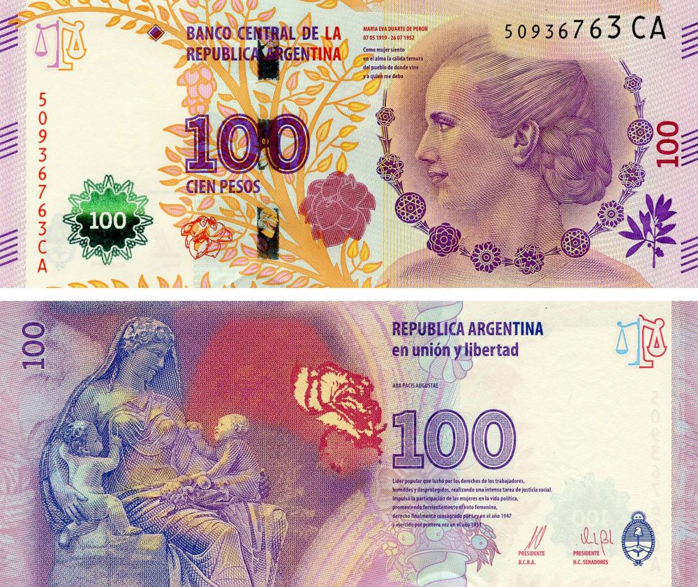 Коллекционная банкнота Аргентина 100 песо 2014-2015 UNC Эва Перон P358 (Б16363)