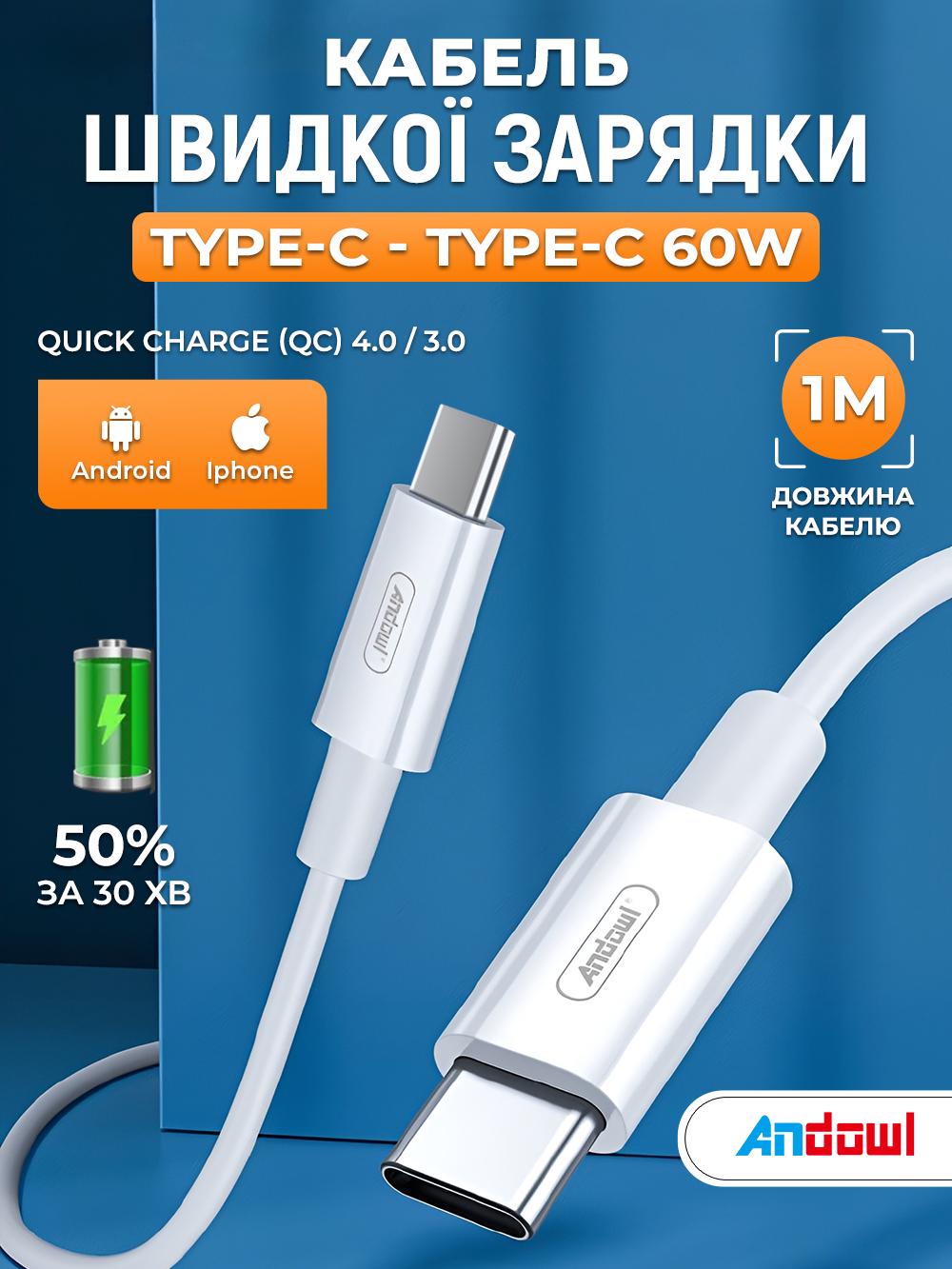 Кабель швидкої зарядки Type-C to Type-C Andowl Q-SJ230X1 60 W для смартфонів ноутбуків планшетів 1 м Білий (3b01f9fc) - фото 2 Кабель швидкої зарядки Type-C to Type-C Andowl Q-SJ230X1 60 W для смартфонів ноутбуків планшетів 1 м Білий (3b01f9fc) - фото 2