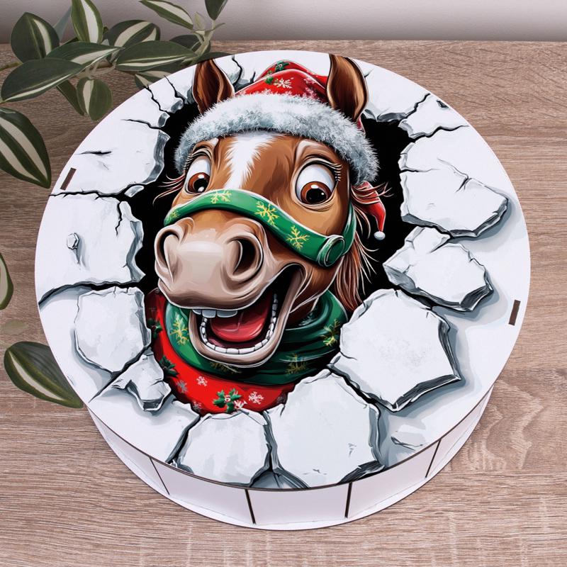 Коробка кругла з новорічним конем 27 см (5587-49) - фото 1 Коробка кругла з новорічним конем 27 см (5587-49) - фото 1