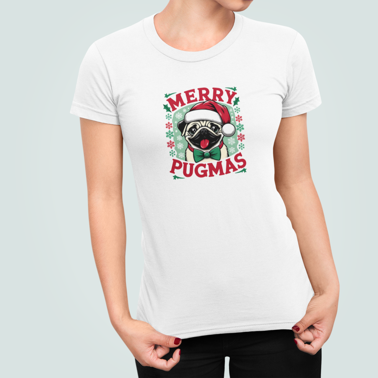 Футболка женская новогодняя Stedman с принтом "Merry Pugmas" Мопс S Белый (НГ189.1-6)
