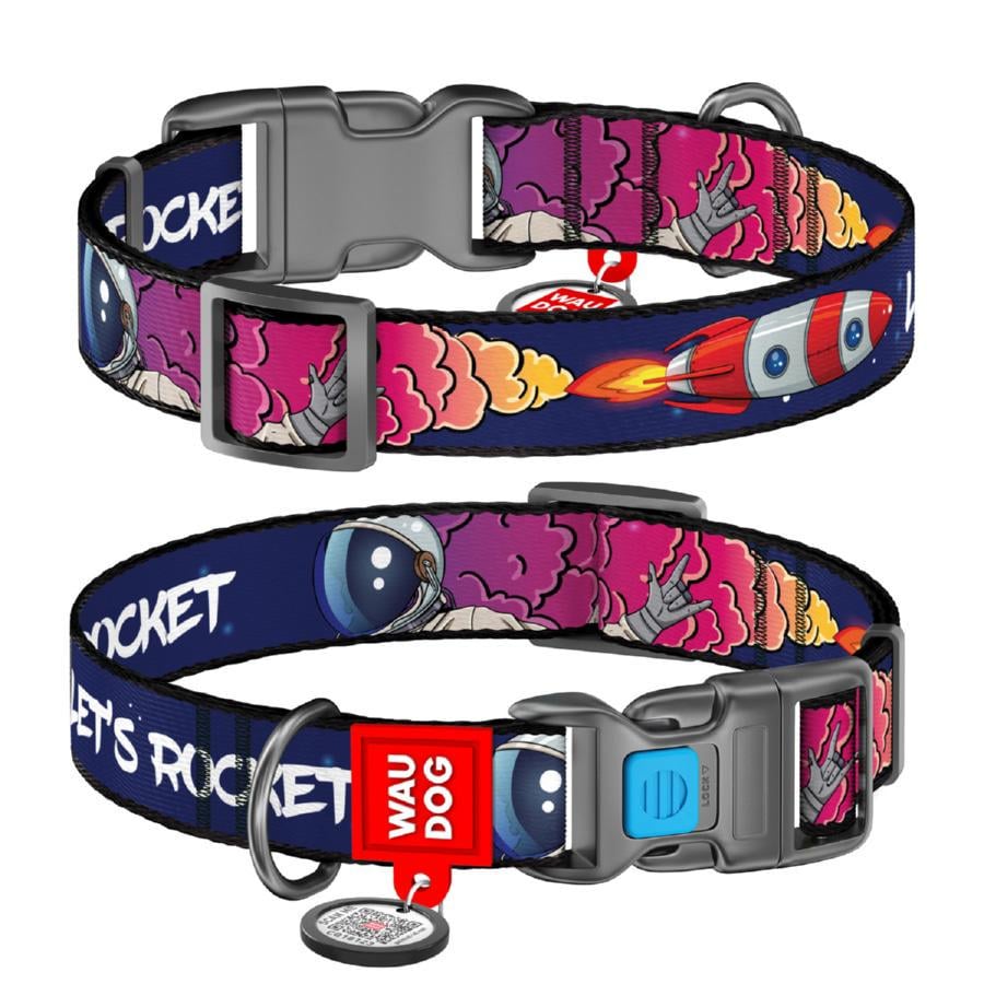 Ошейник для собак нейлоновый Waudog Nylon Космос. Ракета с QR-паспортом XL