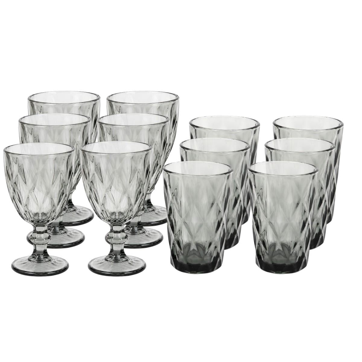 Набор фужеров граненных с стаканами High Quality Glass 12 предметов Smoky grey