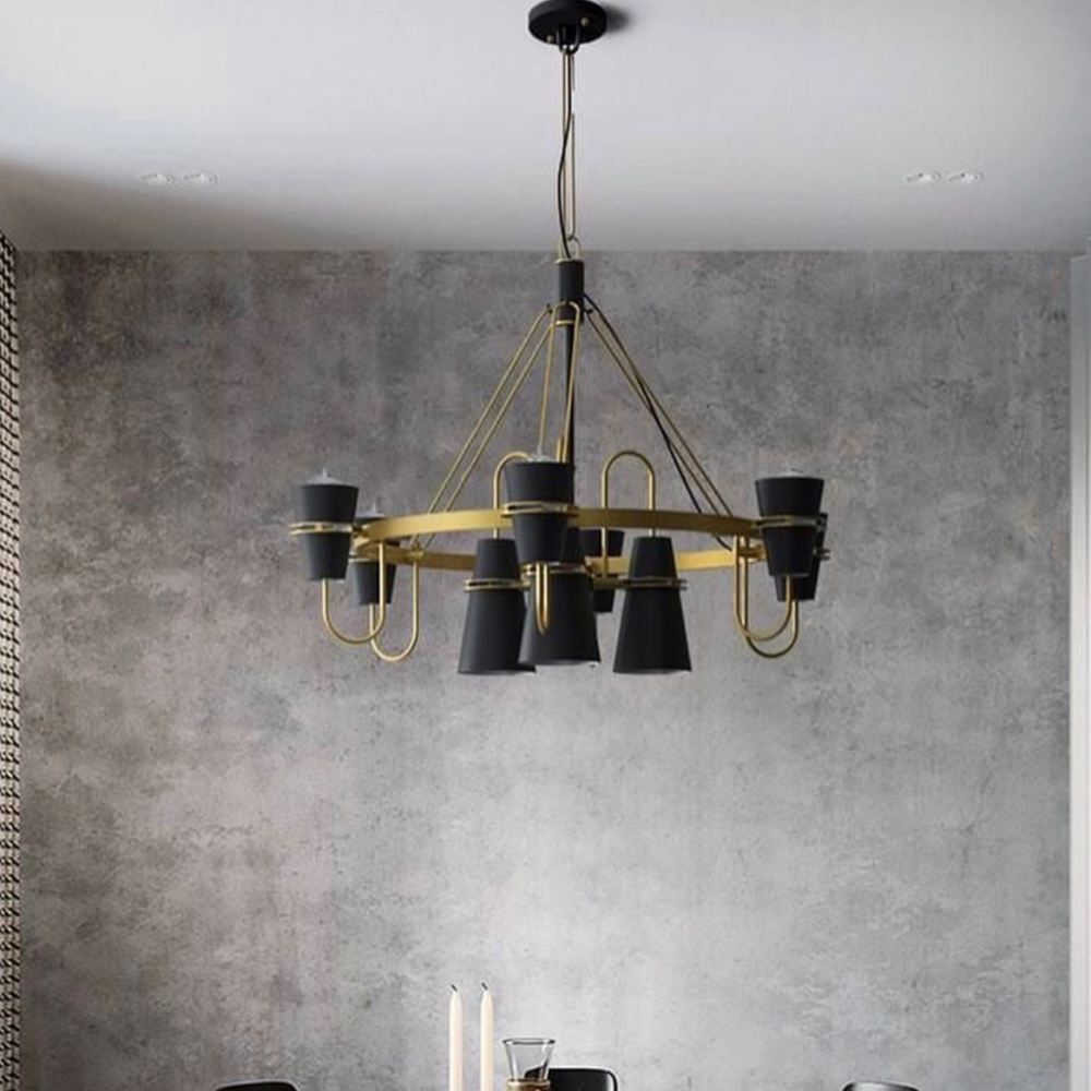 Люстра дизайнерская с уникальным двухуровневым каркасом на 9 черных плафонах Латунь (AP 052/9 BK)