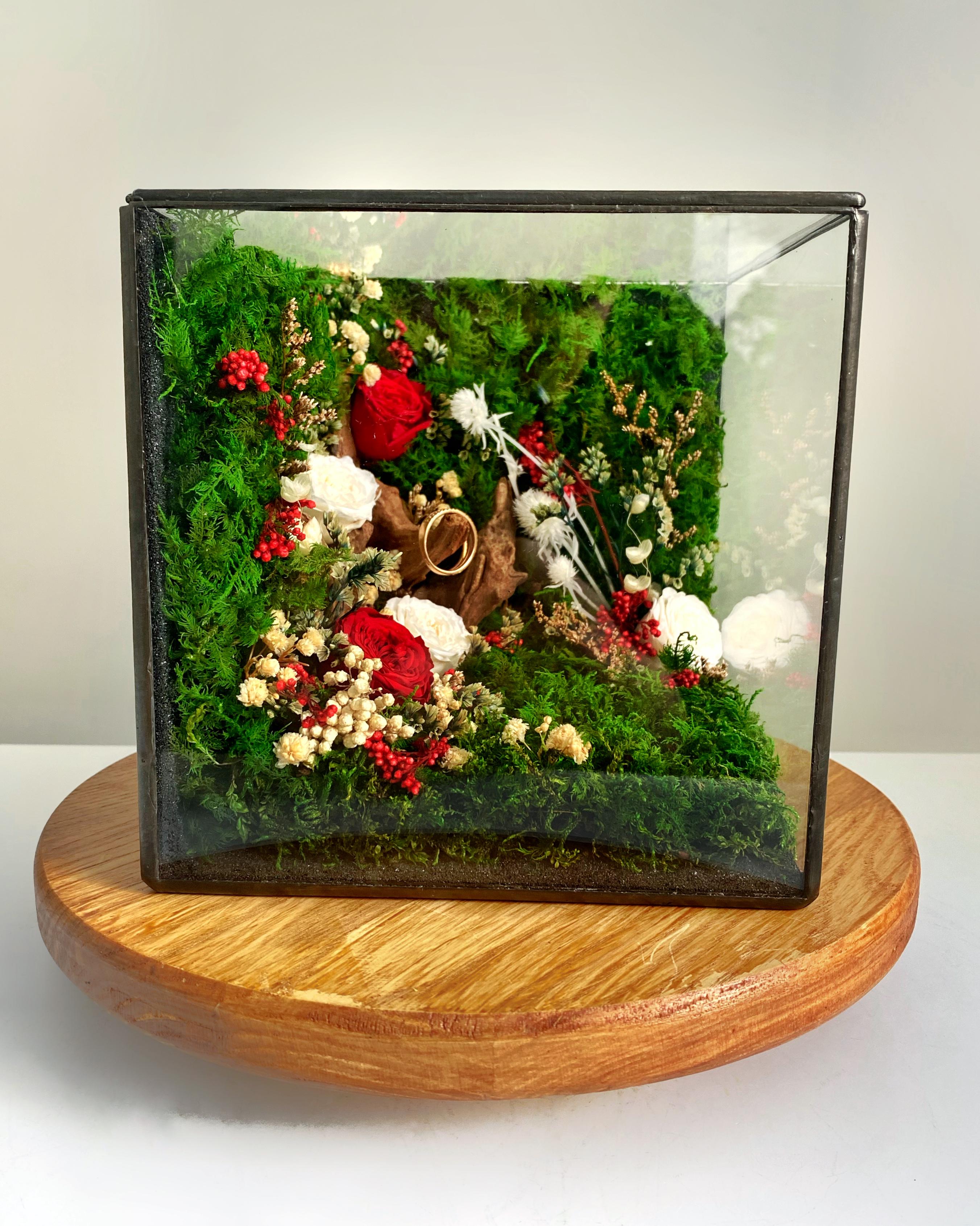 Флораріум у кубі зі стабілізованого моху та рослин 15х15 см Червоний Флораріум у кубі зі стабілізованого моху та рослин 15х15 см Червоний