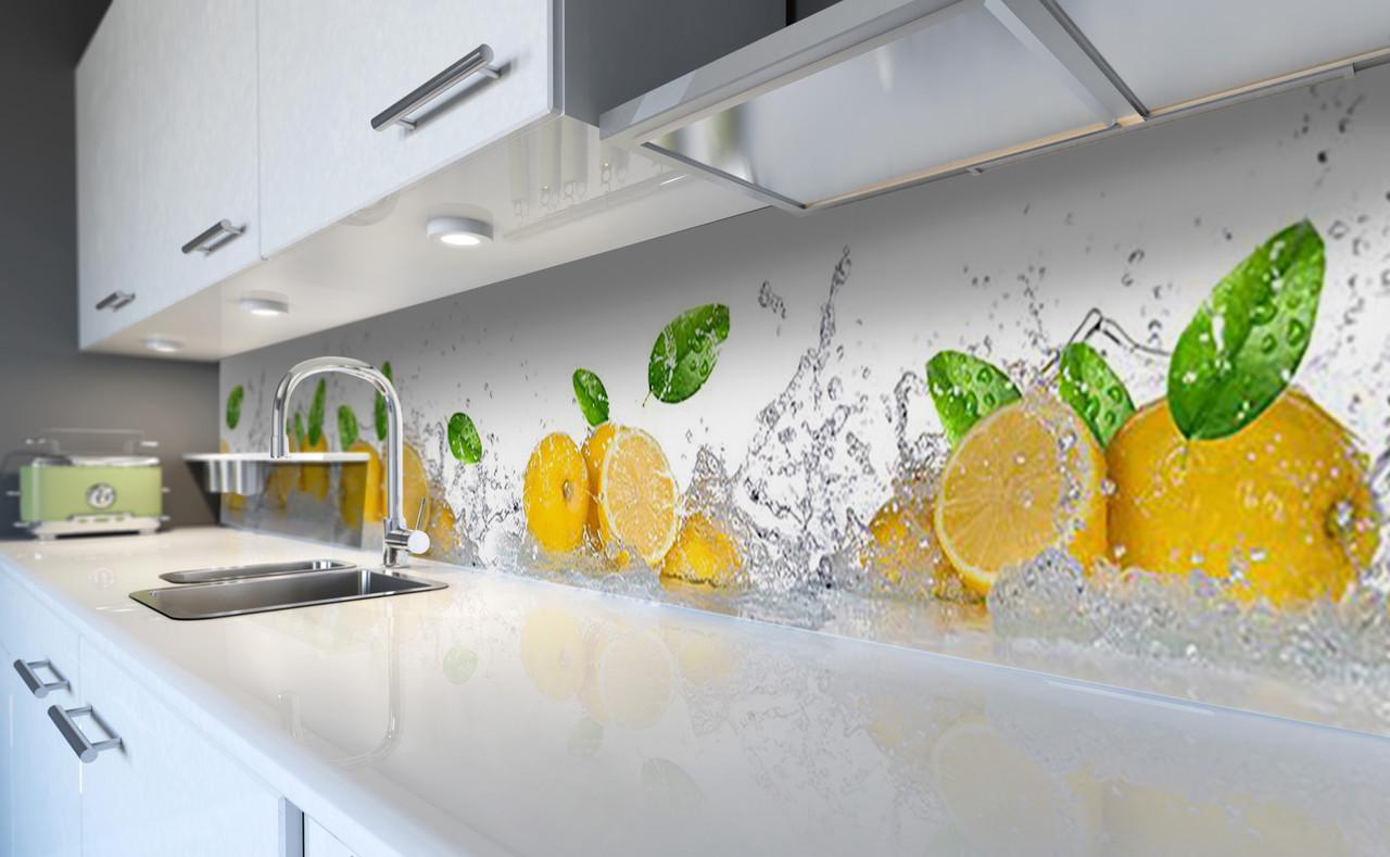 Кухонный фартук Лимоны брызги воды цитрусы из самоклеющейся виниловой пленки 60х250 см Желтый