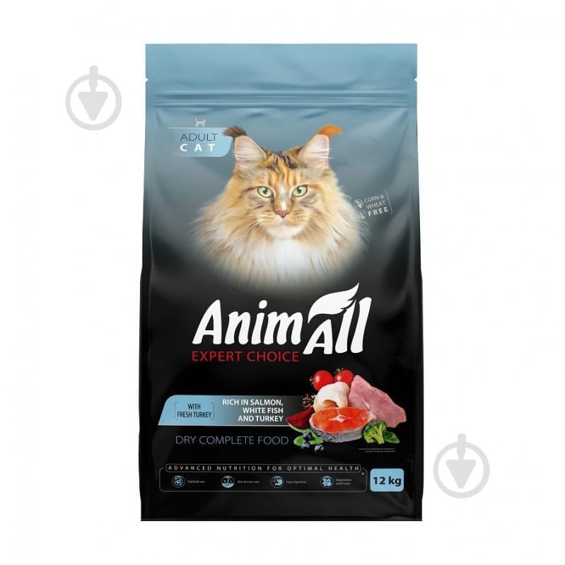 Корм сухой полнорационный AnimAll для кошек с лососем белой рыбой и индейкой 12 кг (178600)