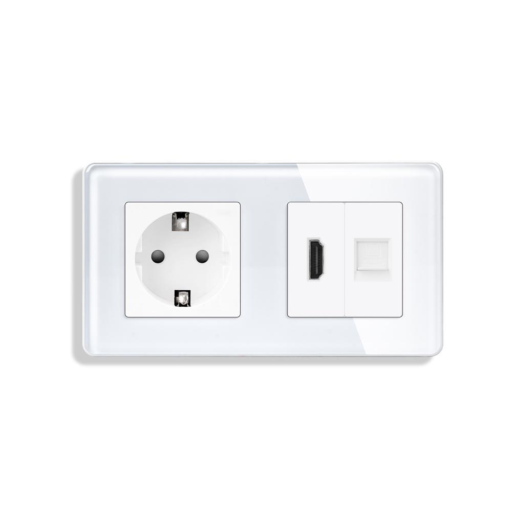 Розетка настенная ELIOS с HDMI/интернет портом RJ-45 дизайнерская стеклянная рамка Белый (TW-M2FHDMICAT6-WT)
