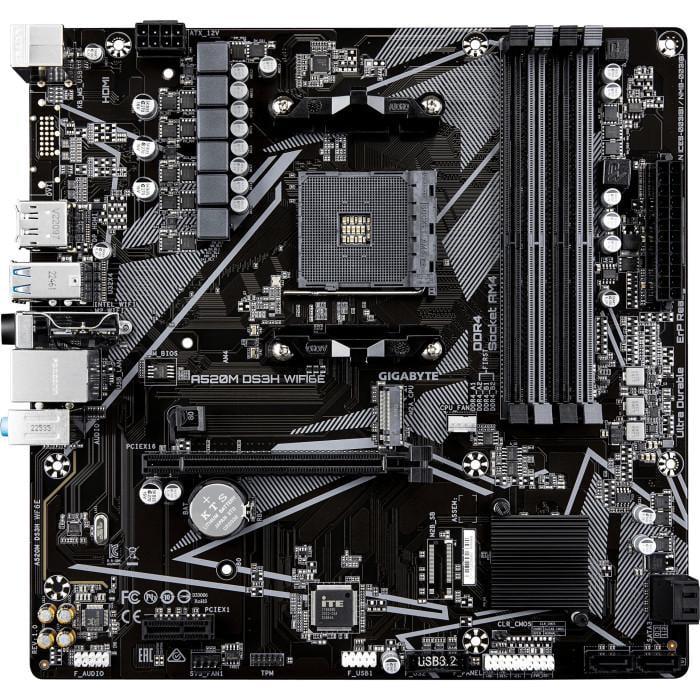 Материнская плата Gigabyte A520M DS3H WIFI6E Micro-ATX sAM4 AMD A520 4xDDR4 M.2 4xSATA DP HDMI Black
